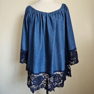 Unique Spectrum Denim Off Shoulders Tunic Lace Embroidered Blouse Size 3X